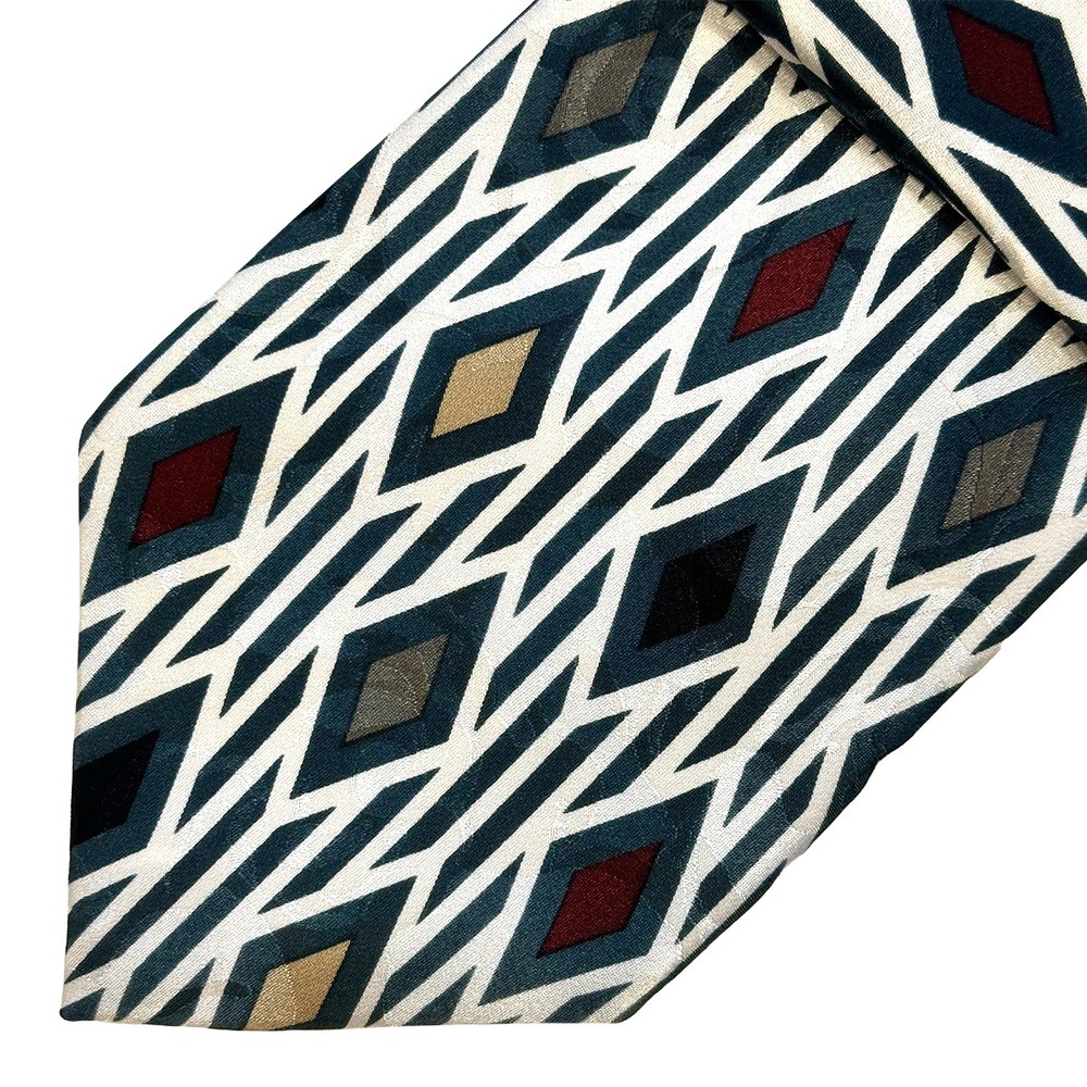 INDEX Vintage Men's Diamond Geo Pattern Silk‎ Tie • white, blue, multicolor